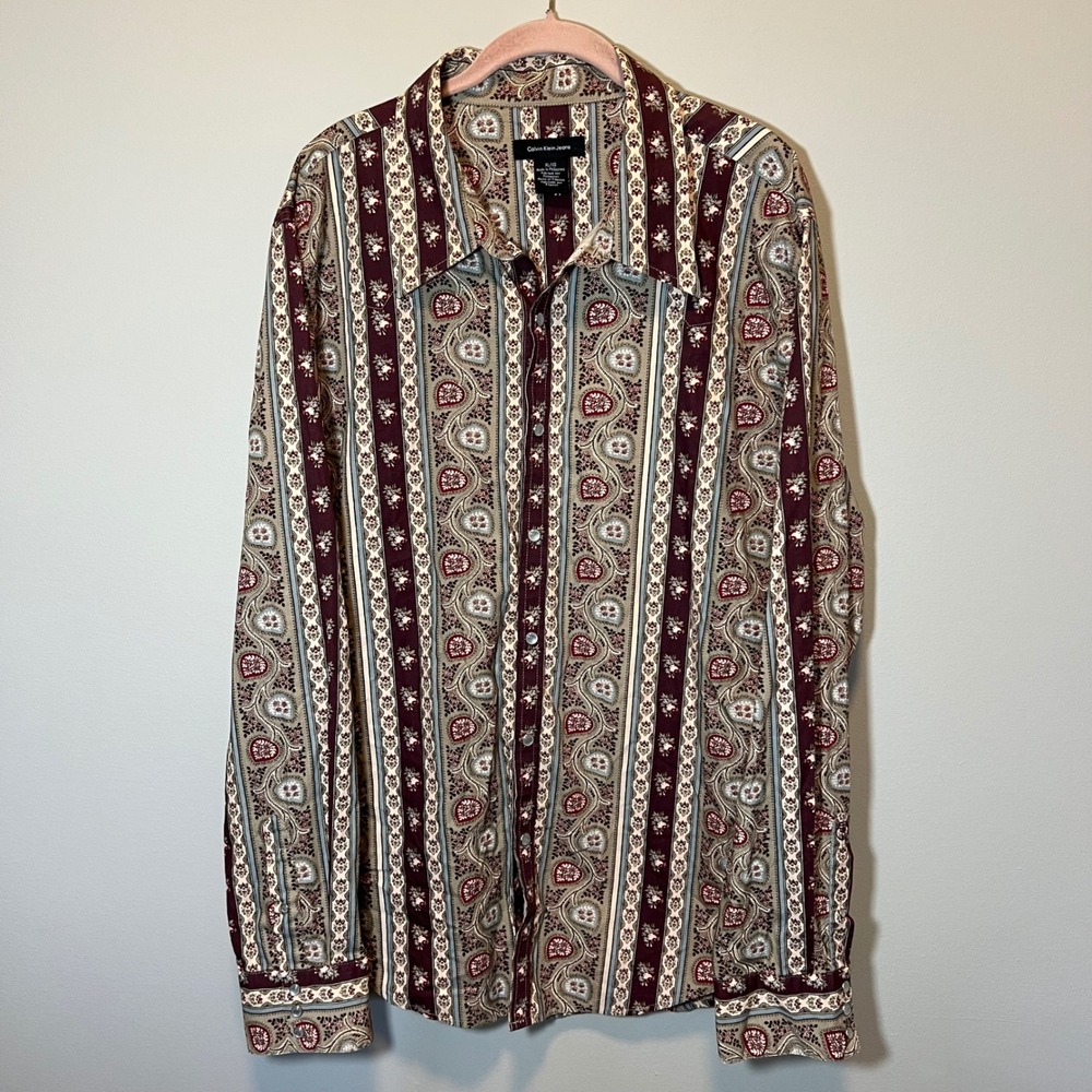 Calvin Klein Jeans Men's XL Paisley Floral Stripe Pearl Snap Button Down Shirt